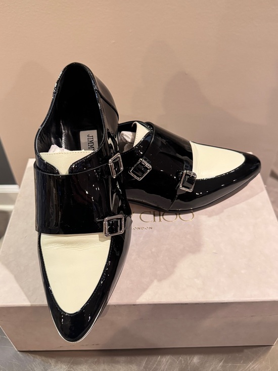 Jimmy Choo Shoes - Jimmy Choo Black & White Patent/Textured Leather Shoes – Size 37.5